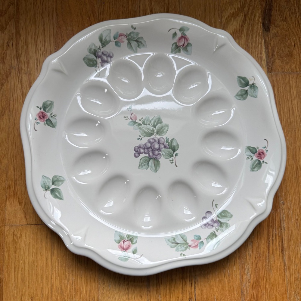 Pfaltzgraff Tea Rose Deviled Egg Plate 12.75 Round Floral Stoneware Platter